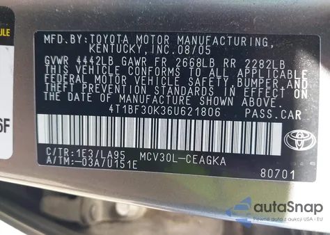 2006 Toyota Camry Xle V6 from USA, damaged, VIN 4T1BF30K36U621806